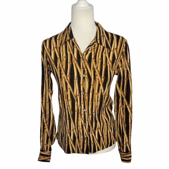 VINTAGE 90s blouse‎ black button up bamboo print silk top size 6 - Picture 1 of 10